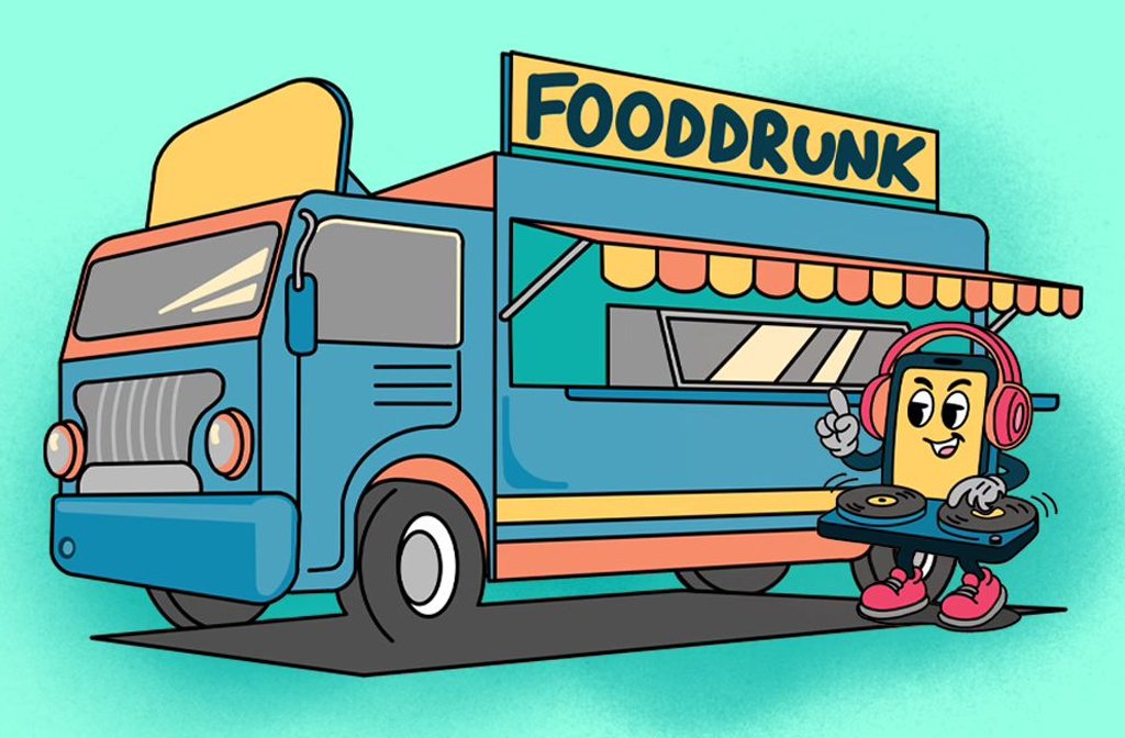 Illustration of a food truck with a DJ character waiting to be served