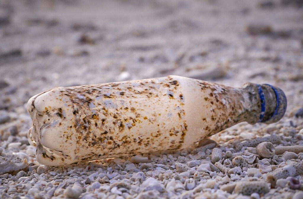Empty water bottle discarded on a beach