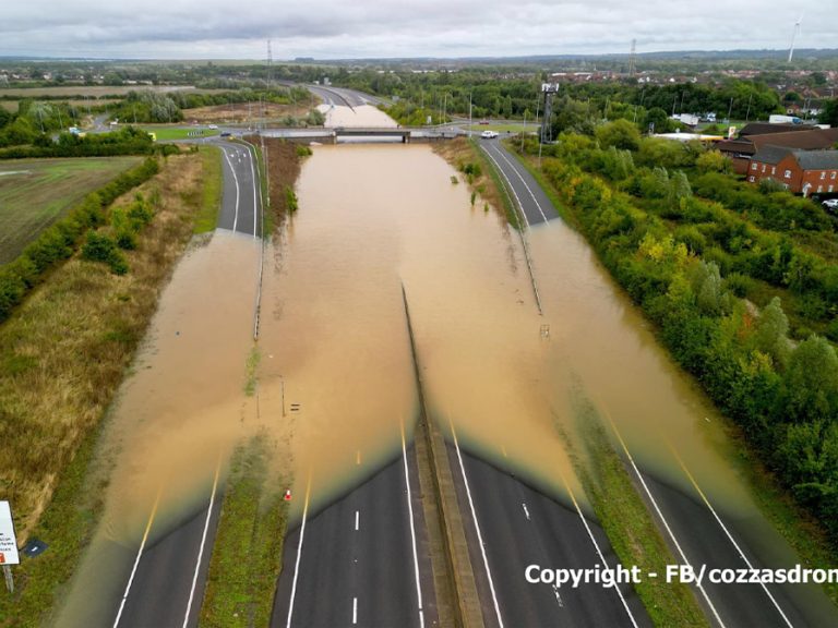 A421 flooded at Marston Moretaine from above on 23 September 2024 Image: Cozzas Drone/Facebook