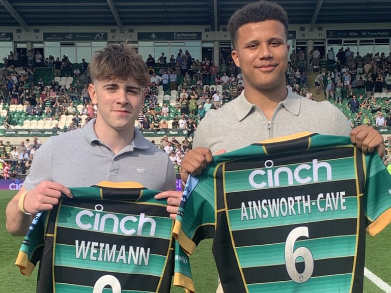 Rugby players Jonny Weimann and Aiden Ainsworth-Cave at Franklin's Gardens