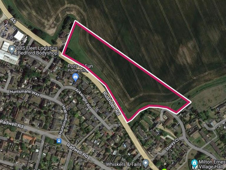 Approximation of the development site for land at Rushden Road, Milton Ernest. Image Google My Maps Map Data (C)2024 Imagery (C)2024 Maxar Technologies via LDRS