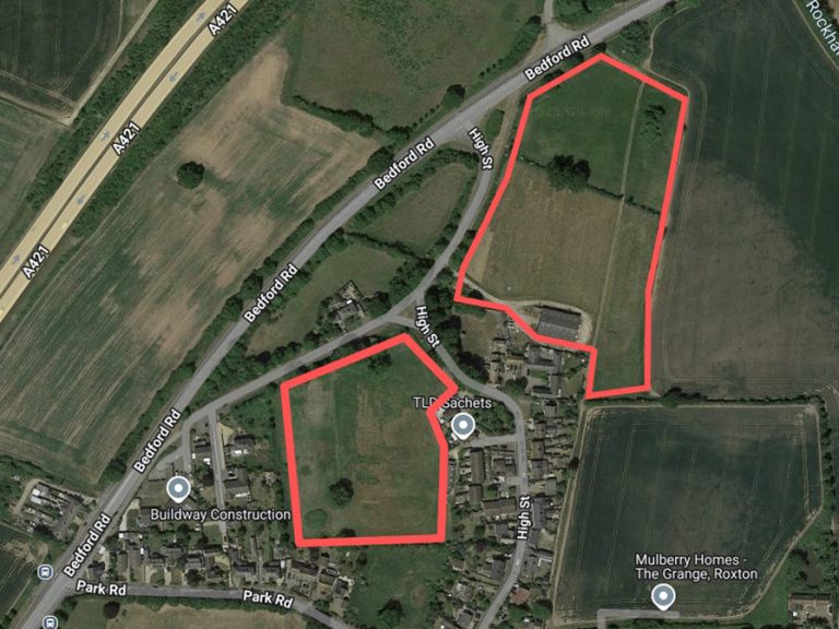 A map showing the approximation of the two parts of the proposed development in Roxton. Image Google My Maps Map Data (C)2025 Imagery (C)2025 Maxar Technologies via LDRS