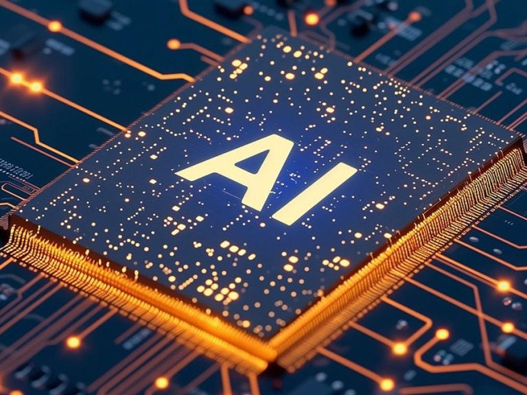 A computer chip with the letters AI illuminated within a circuit board