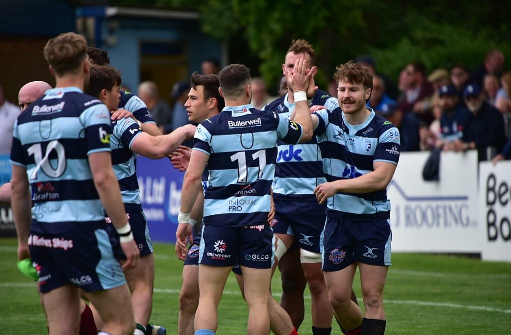 Bedford Blues celebrate a try against London Scottish at Goldington Road