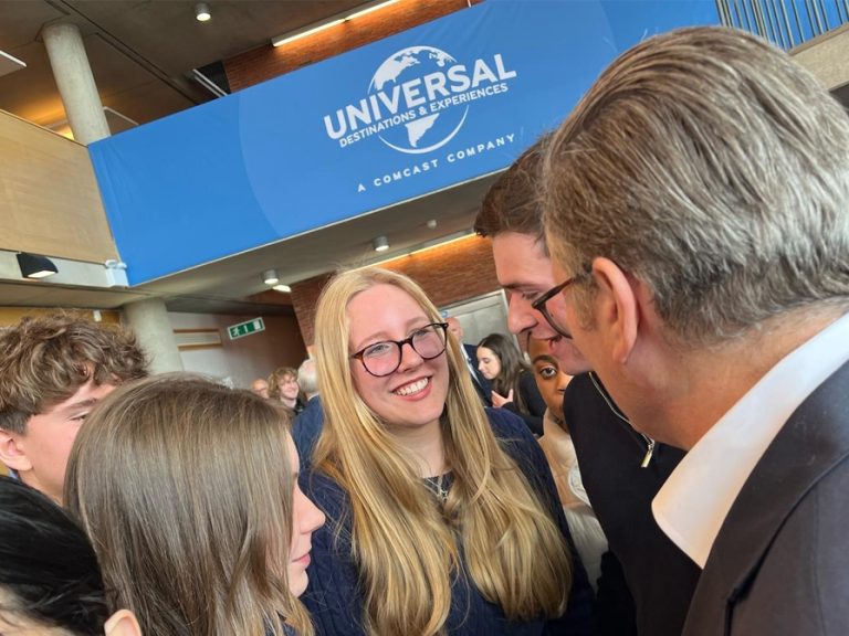 Bedford Borough Youth Cabinet member Amelie meeting Prime Minister Sir Keir Starmer at the event at Kimberley College where Comcast announced their plans to build a Universal Studios theme park in Bedford Borough