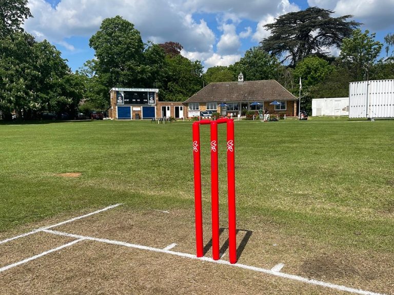The stumps sprayed red at Bedford Cricket club in aid of Ruth Strauss Foundation