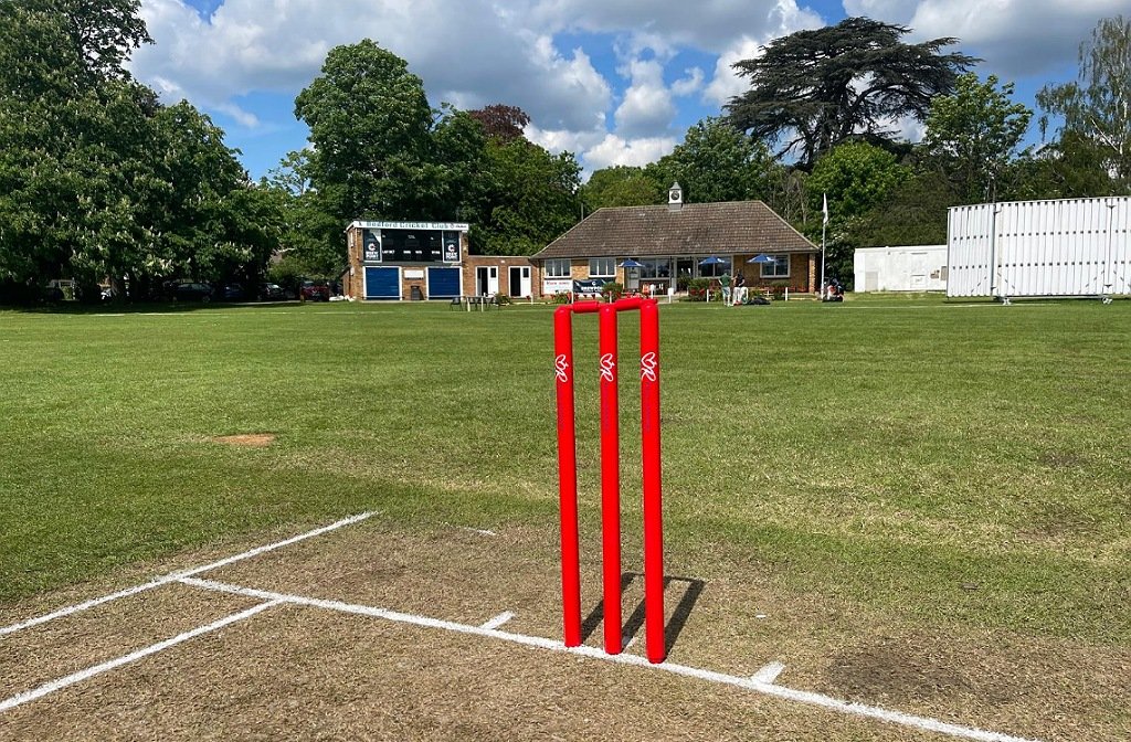 The stumps sprayed red at Bedford Cricket club in aid of Ruth Strauss Foundation
