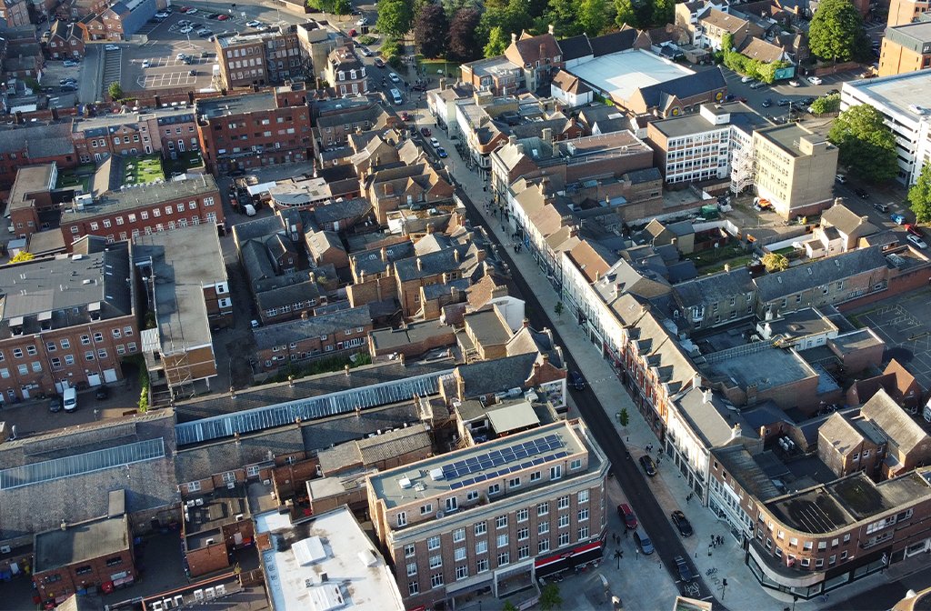 Bedford High Street from above. Image: Wigram Drones