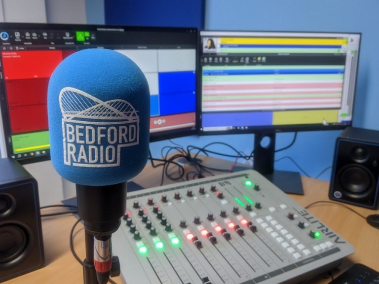 A Bedford Radio microphone at the Bedford Radio studios on St Marys Street