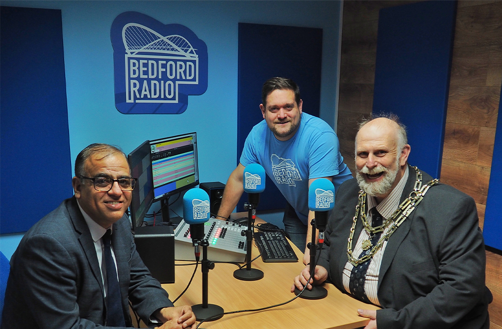 Bedford Radio studio launch 23 November 2023 (l-r) Mohammad Yasin MP, Martin Steers and Mayor Tom Wootton