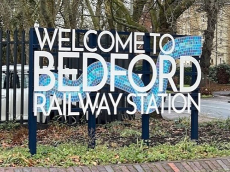 Bedford Railway Station entrance sign