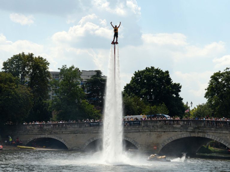 Jet Boots Bob at Bedford River Festival in front of the town bridge Image: Bedford Borough Council