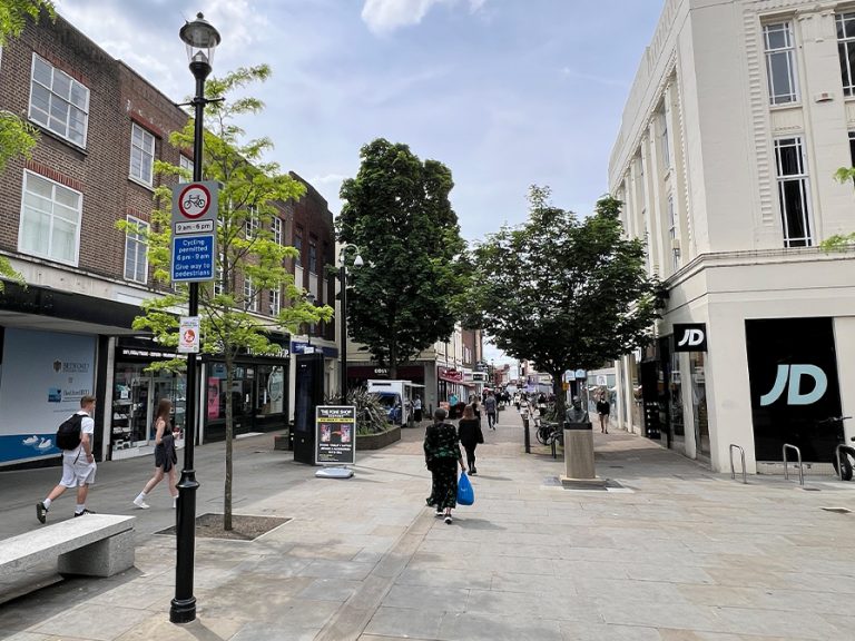 A lampost showing details of the times cycling is permitted on Silver Street, Bedford. Image: Bedford Independent