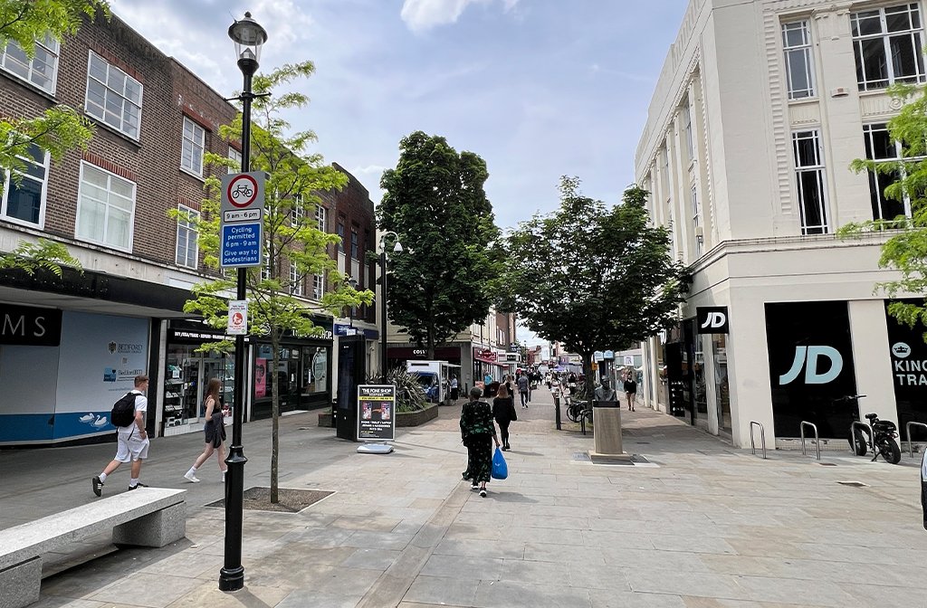 A lampost showing details of the times cycling is permitted on Silver Street, Bedford. Image: Bedford Independent