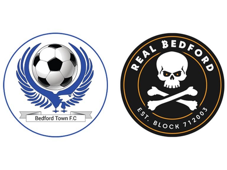 Bedford Town FC and Real Bedford FC logos merger graphic Images supplied by clubs