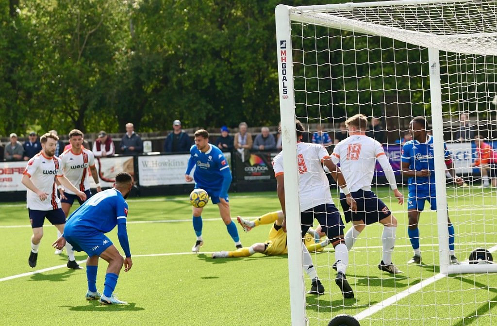 Leon Lobjoit about to pounce on a loose ball to open the scoring against Stratford Town