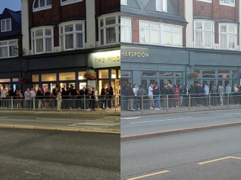 Spot the difference. Two photos taken almost a month apart show no change in social distancing outside the Bedford Wetherspoons pub 'The Pilgrims Progress'. The picture on the left was taken by @kevin27677521 on 15 August, the right hand picture was taken on 12 September by Nigel Smith.