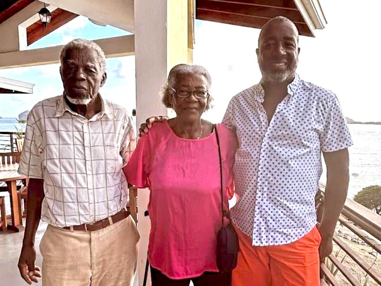 Bedford man David Lambert (right) with his parents Chris and Angela who are amongst 6,000 people who have had their homes in Carriacou destroyed by Hurricane Beryl.