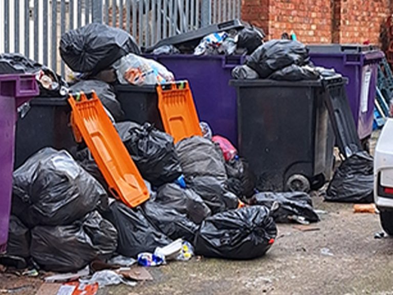 Overflowing bins behind Tavistock Street flats