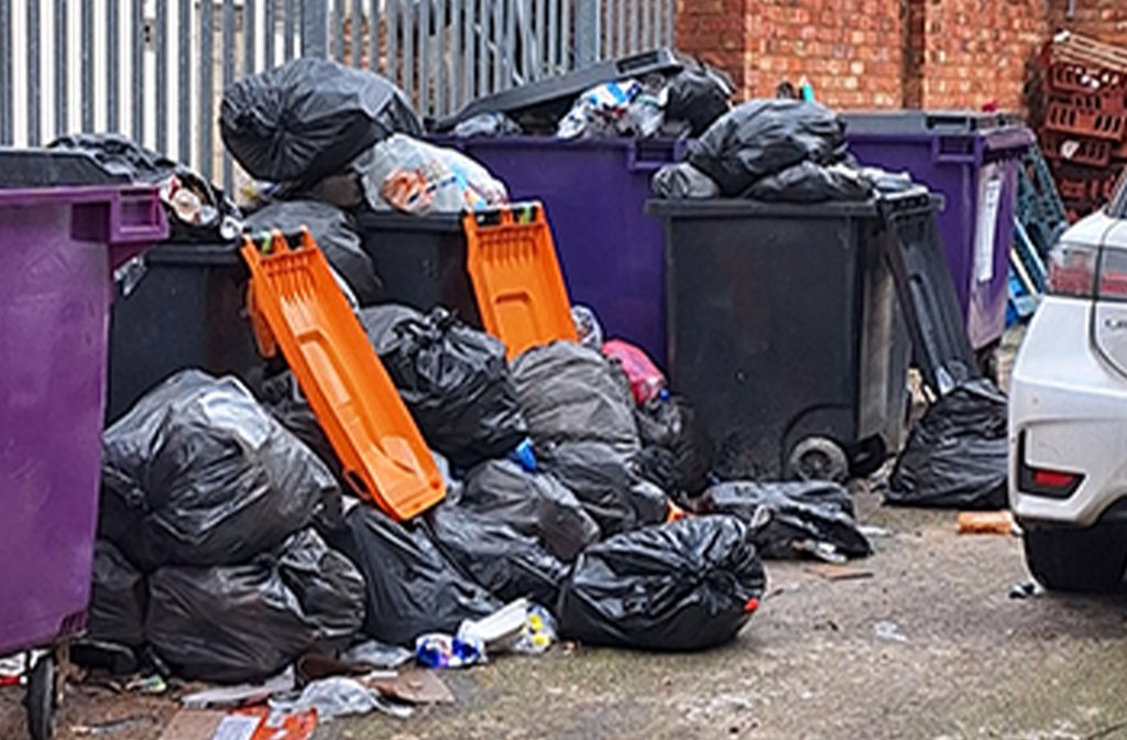 Overflowing bins behind Tavistock Street flats