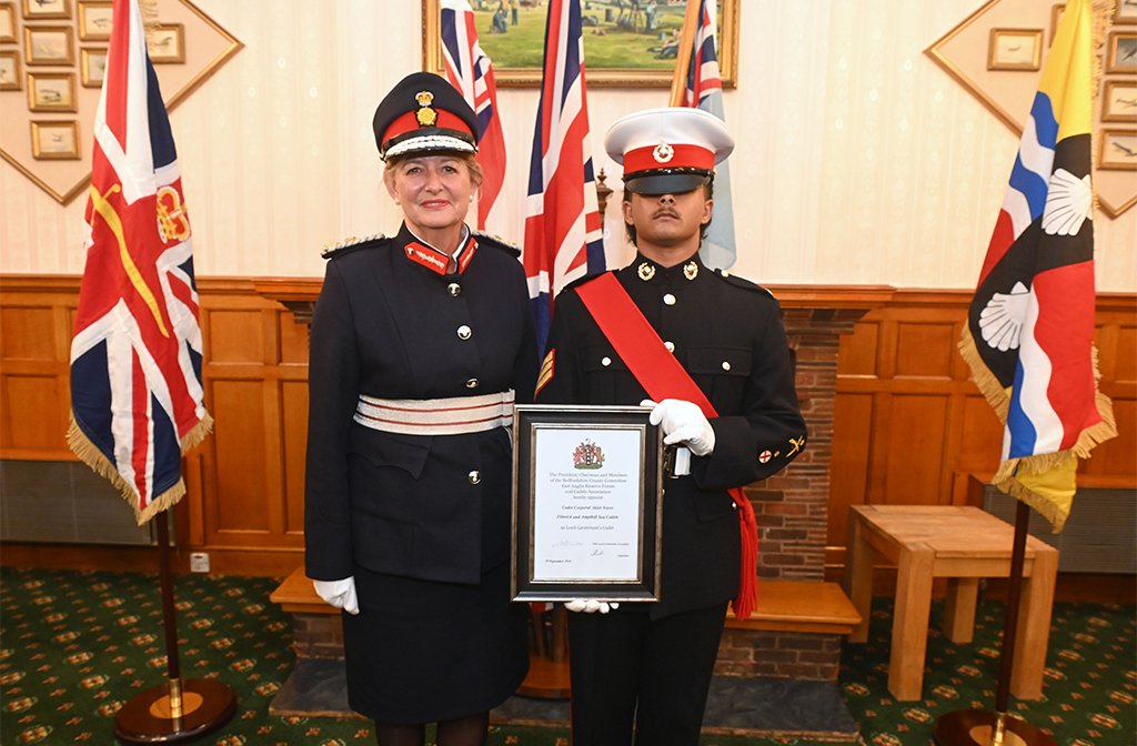 Cadet Sgt Akiel Noyes (r) with the LL Bedfordshire receiving his notice making him the Lord Lieutenant's cadet. Image: June Essex