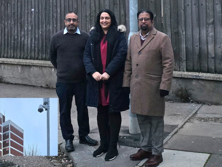Cauldwell Labour councillors Abu Sultan, Fouzia Atiq and Harish Thaper. at the CCTV on Endsleigh Road. Image Bedford Labour Groupjpg