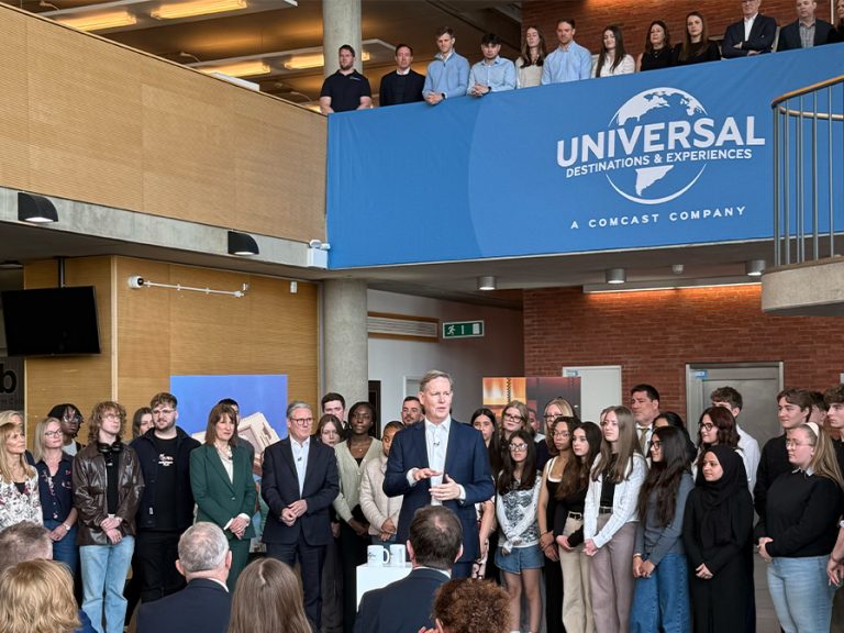 Comcast president Michael J. Cavanagh speaking at Kimberley College about Universal Studios UK. Image: Bedford Independent