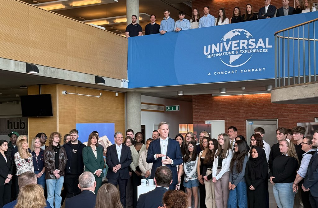 Comcast president Michael J. Cavanagh speaking at Kimberley College about Universal Studios UK. Image: Bedford Independent