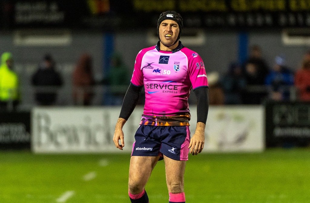 Bedford Blues' Louis Grimoldby in their charity pink kit