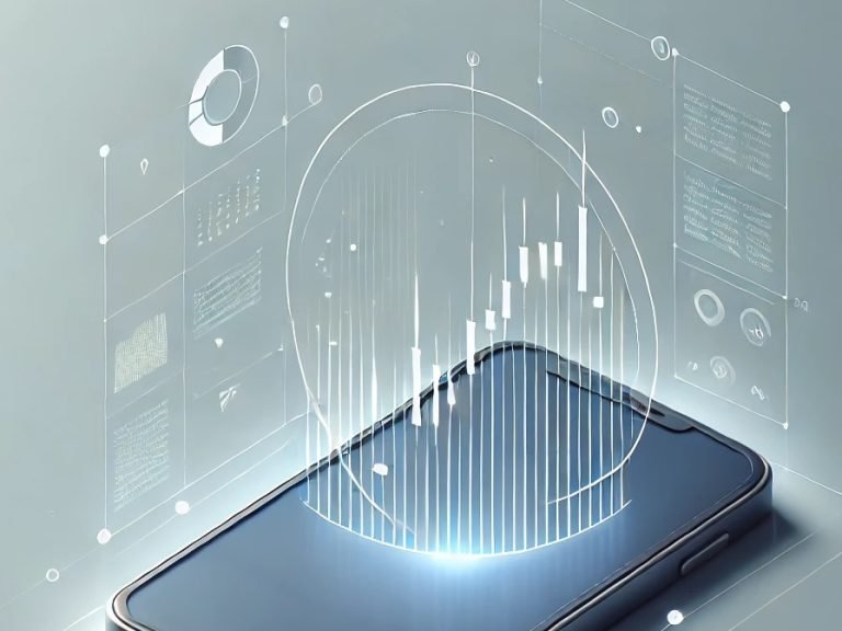 an AI generated smart phone covered in lines and graphs to depict technology and trading coming out of the screen