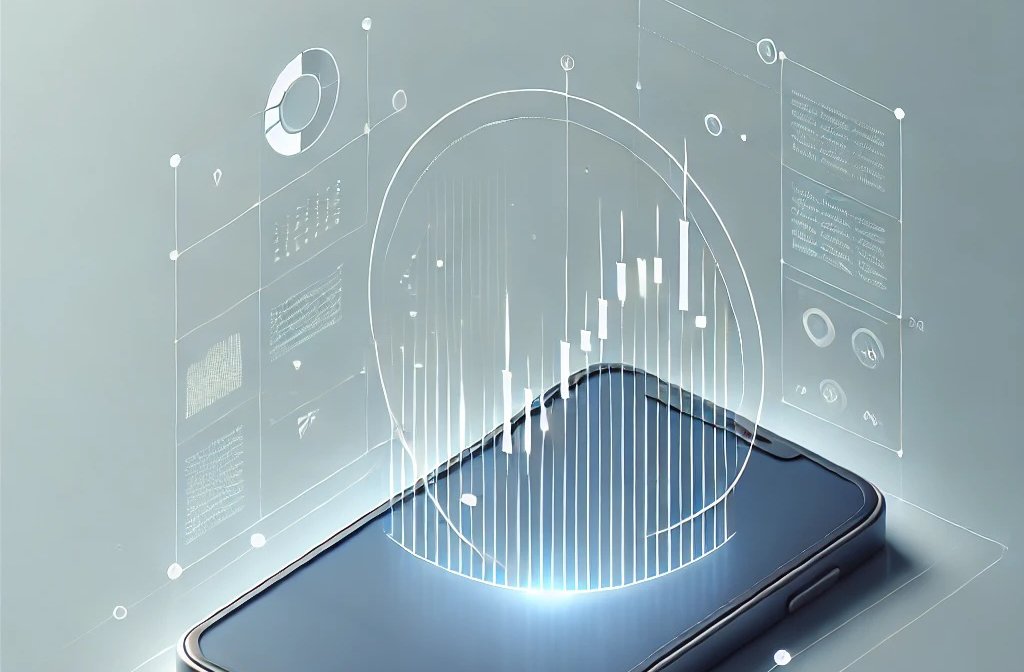 an AI generated smart phone covered in lines and graphs to depict technology and trading coming out of the screen