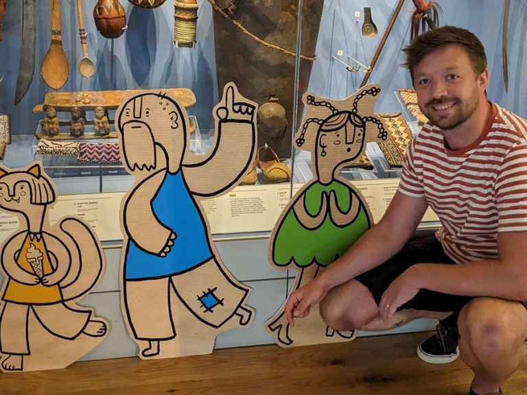 Darrell with characters designed by Katie Allen from Murder at the Museum. Image Darrell Cannon