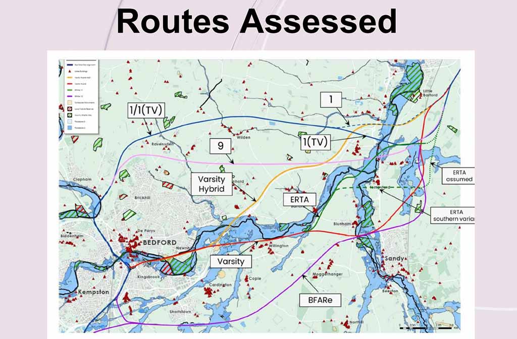 A map showing each of the eightEWR routes assessed in the council briefing on 6 February 2024. Image: Bedford Borough Council