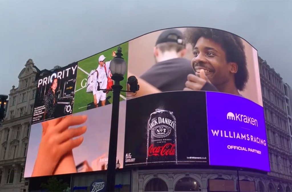Emmanuel Minka appearing on the famous Piccadilly Circus billboard for Samsung's Solve for Tomorrow competition. Image: St Thomas More Catholic Secondary School