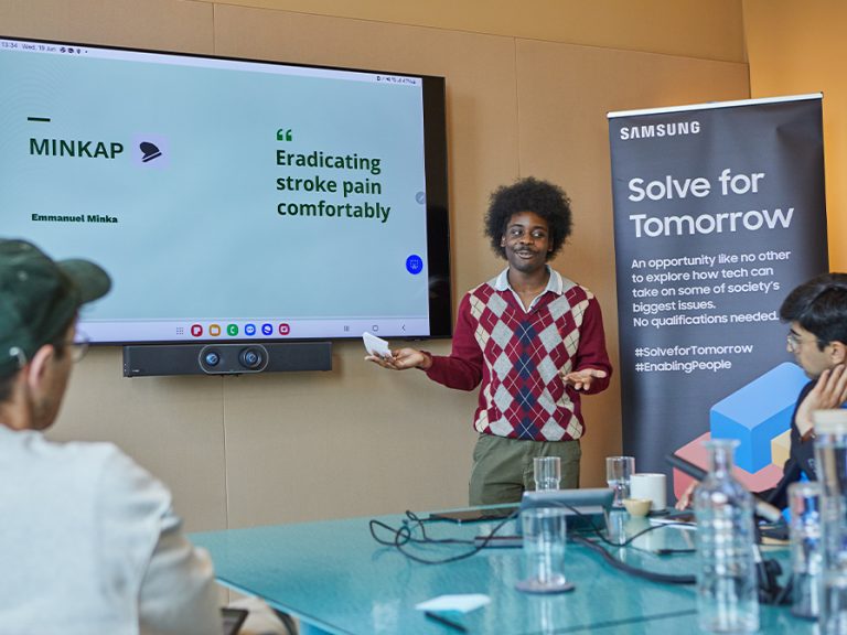 Emmanuel Minka presenting his idea to the Samsung's Solve for Tomorrow competition. Image: Provided by St Thomas More Catholic Secondary School