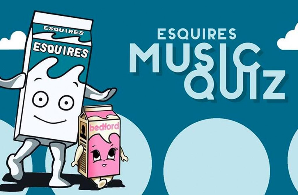 Esquires music quiz poster featuring two cartoon milk cartons