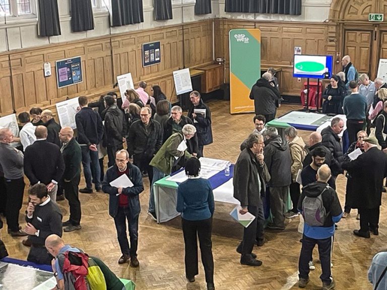 People at East West Rail's non-statutory consultation event at The Grand Hall, Bedford Sixth Form in November 2024. Image: EWR Co.