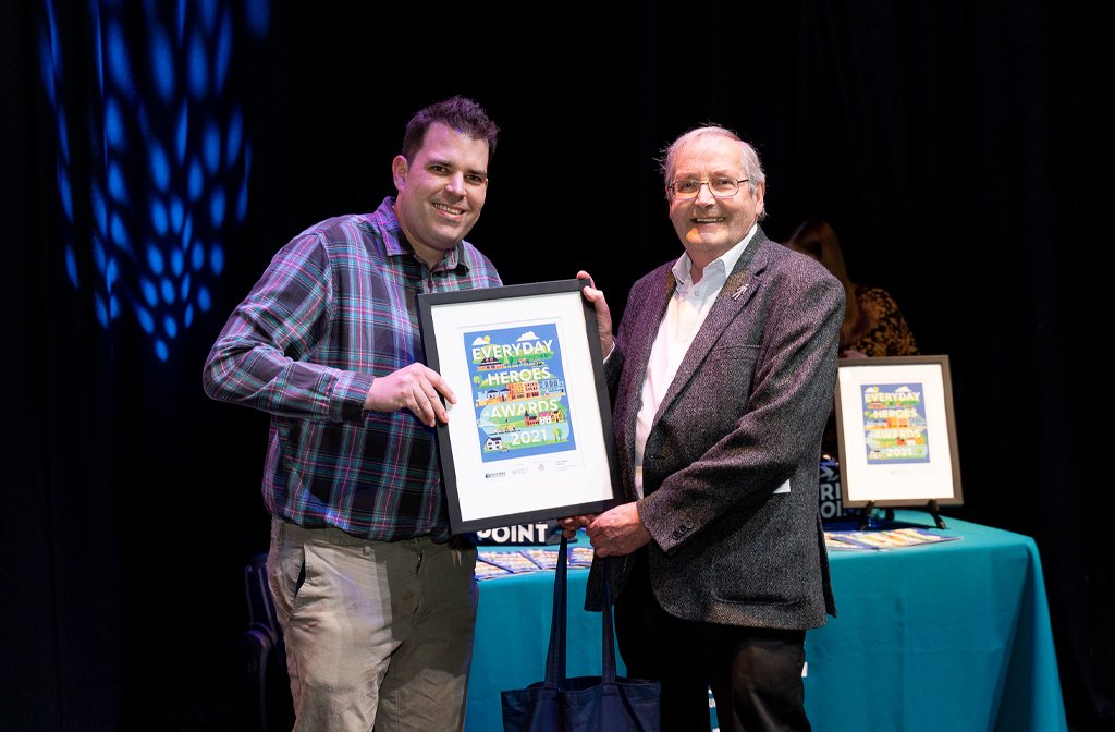 Everyday Heroes Awards 2021 Fundraiser Individual Highly Commended Brian Webb with Daniel O'Loughlin from White Hart Press