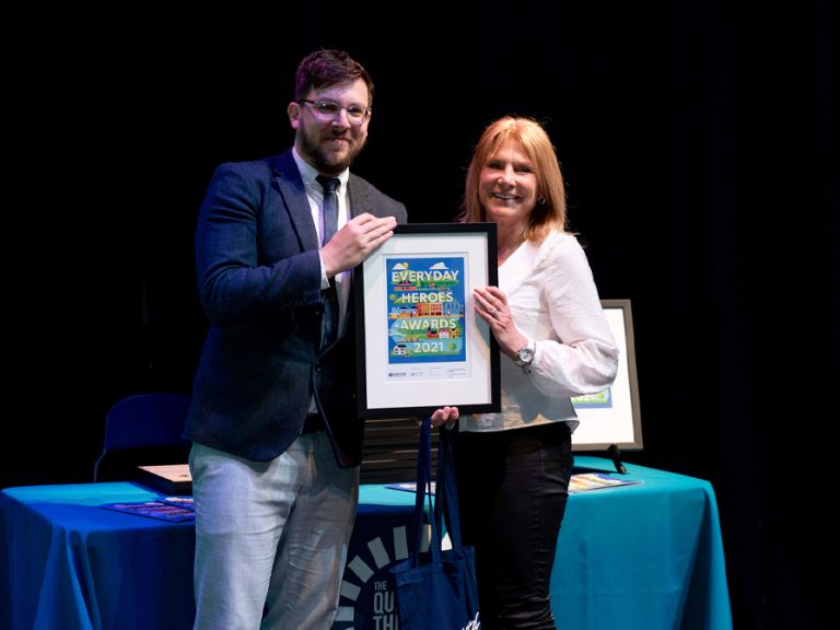 Fundraiser Team winner Sue (and John) Pearson with Darren O'Neil from Polam School
