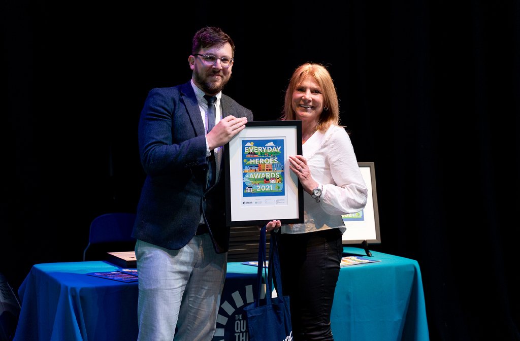 Fundraiser Team winner Sue (and John) Pearson with Darren O'Neil from Polam School