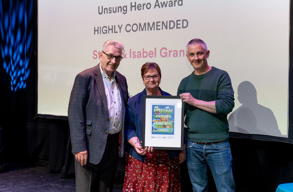 Unsung Hero Highly Commended Stuart and Isabel Grant with Ed Robinson from Brewpoint