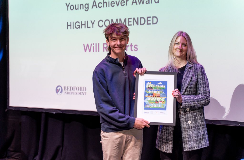 Young Achiever Highly Commended Will Roberts with Lindsay Ephgrave from Bedford Heights