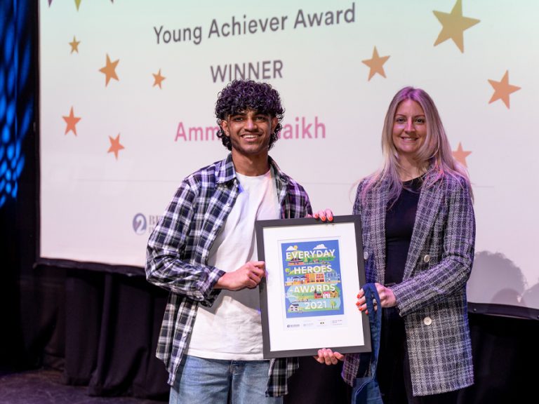 Young Achiever Individual winner Ammaar Shaikh with Lindsay Ephgrave from Bedford Heights