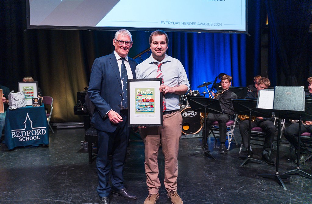 Excellence in Education 2024 (l-r) Bedford School's Hugh Maltby with winner Michael Walker. Image: Bedford Independent