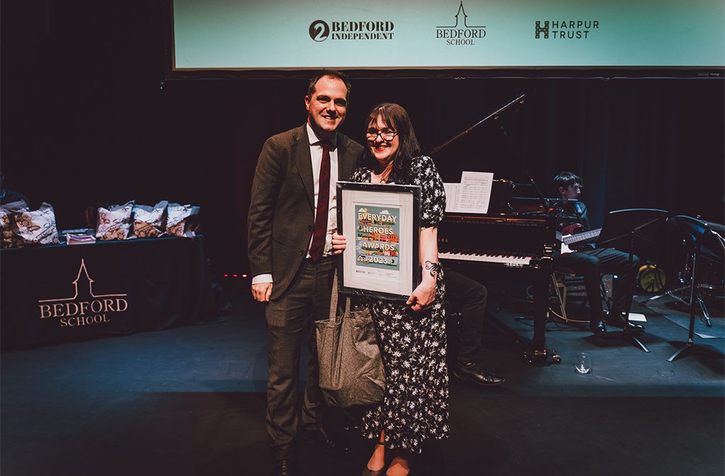 Excellence in Education winner Faye McKinney with Sam Baldock from Bedford School