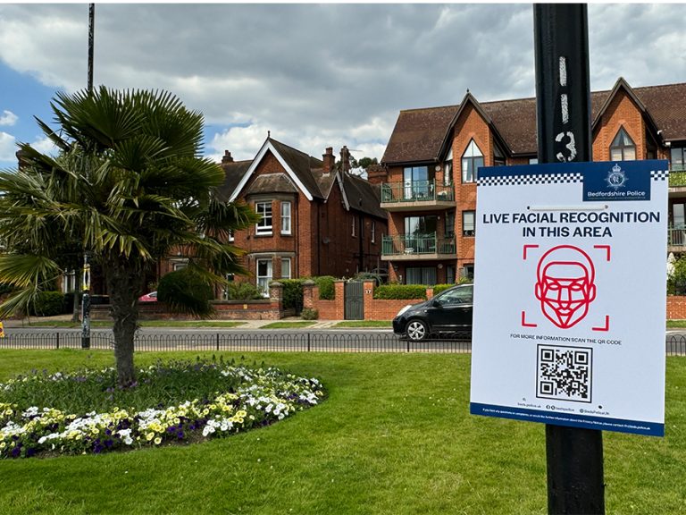 Facial Recognition warning poster on The Embankment. Image: Bedford Independent