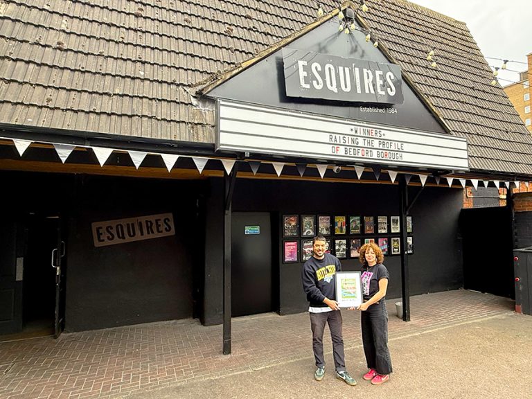 Winners of the 2024 Raising the Profile of Bedford Borough award, Gareth and Louisa Barber received their award post event at their live music venue Esquires. Image Bedford Independent