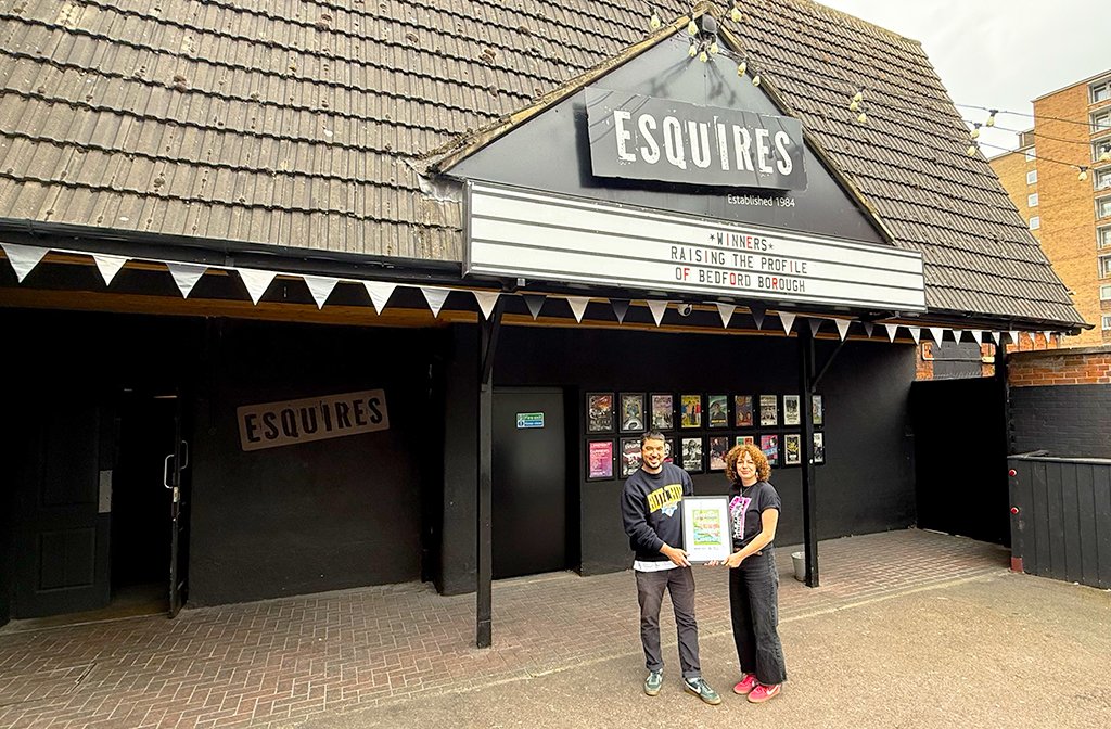Winners of the 2024 Raising the Profile of Bedford Borough award, Gareth and Louisa Barber received their award post event at their live music venue Esquires. Image Bedford Independent