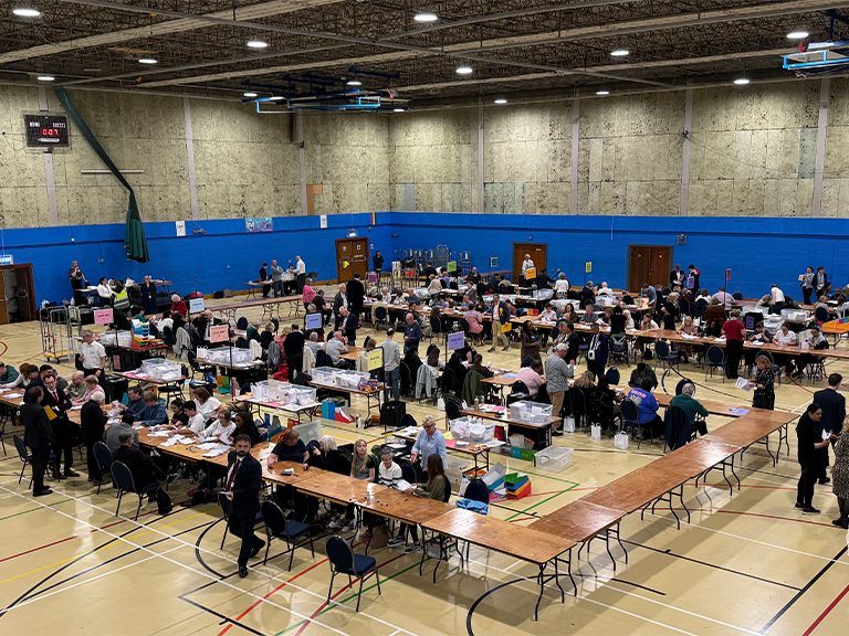 General Election count floor John Bunyan Centre 4 July 2024. Image: Bedford Independent