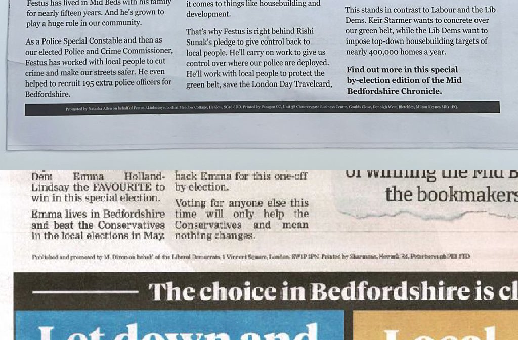 While the imprint on the fake newspaper used by Conservatives is on the front page (top) the Liberal Democrats have put theirs on the back page of their fake newspaper for the mid Beds by-election